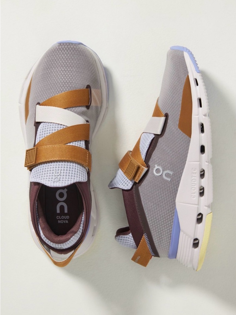 On Running Women’s Cloudnova Strap Sneakers in Lavender, Brown, and Tan size 8
